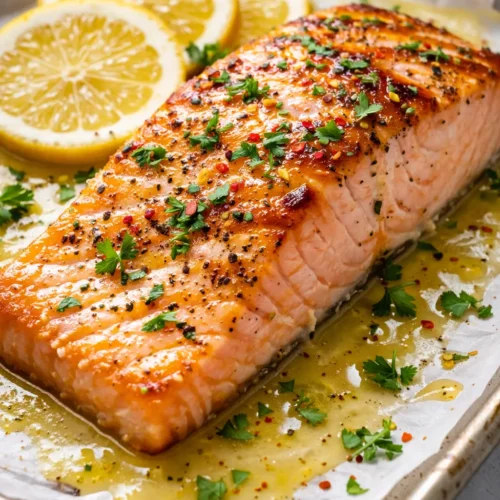 Golden brown baked salmon with creamy lemon butter sauce, drizzled over a white plate with fresh dill and lemon slices.