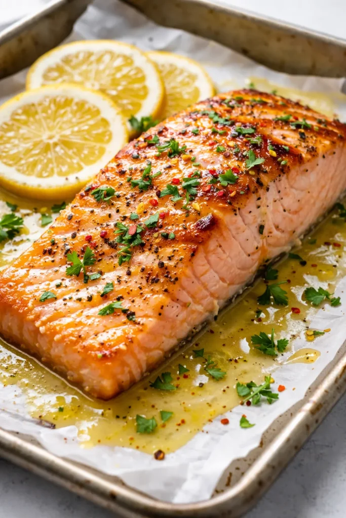 Golden brown baked salmon with creamy lemon butter sauce, drizzled over a white plate with fresh dill and lemon slices.
