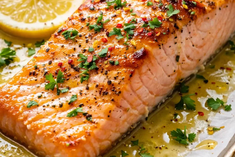 Golden brown baked salmon with creamy lemon butter sauce, drizzled over a white plate with fresh dill and lemon slices.