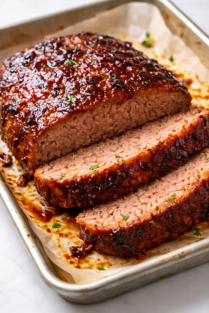 Sliced BBQ meatloaf with tangy glaze, moist interior, and crisp edges on a white plate.