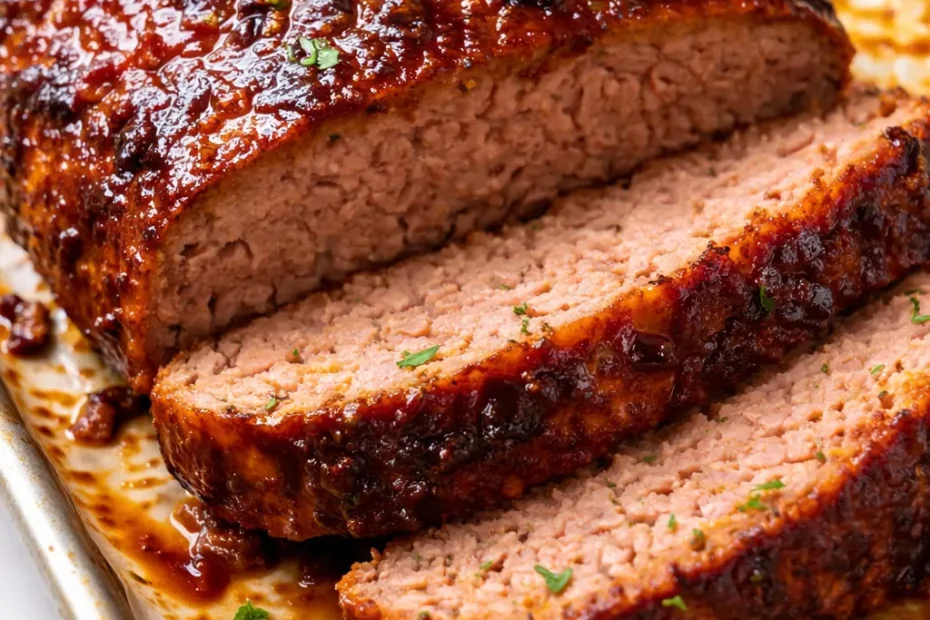Sliced BBQ meatloaf with tangy glaze, moist interior, and crisp edges on a white plate.