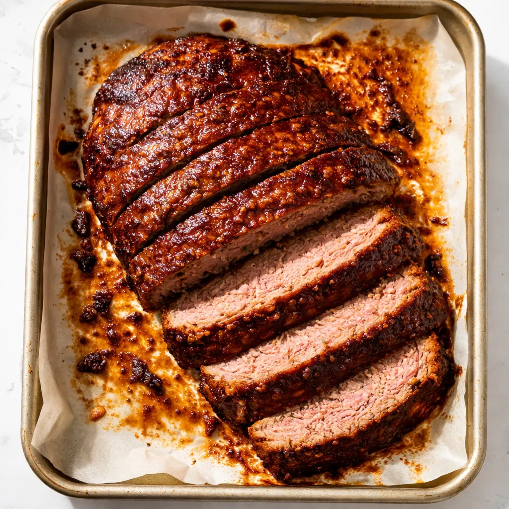 Sliced BBQ meatloaf with a firm, moist texture and glossy glaze, holding together perfectly on a wooden board.