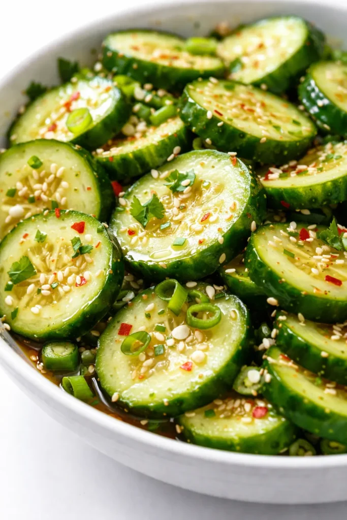 Crisp cucumber slices tossed with tangy rice vinegar, sesame oil, and red chili flakes, garnished with sesame seeds and fresh cilantro.