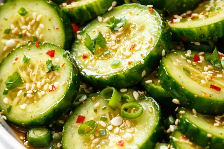 Crisp cucumber slices tossed with tangy rice vinegar, sesame oil, and red chili flakes, garnished with sesame seeds and fresh cilantro.