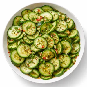 Crunchy cucumber slices tossed in tangy soy-sesame dressing with red chili and sesame seeds.