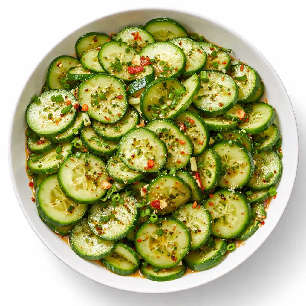 Crunchy cucumber slices tossed in tangy soy-sesame dressing with red chili and sesame seeds.