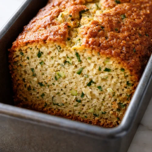 Moist zucchini bread loaf sliced on a cooling rack, golden brown crust with visible green zucchini flecks and a tender crumb.
