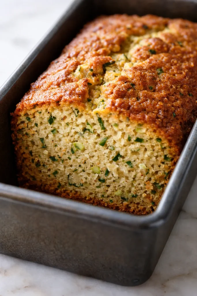 Moist zucchini bread loaf sliced on a cooling rack, golden brown crust with visible green zucchini flecks and a tender crumb.