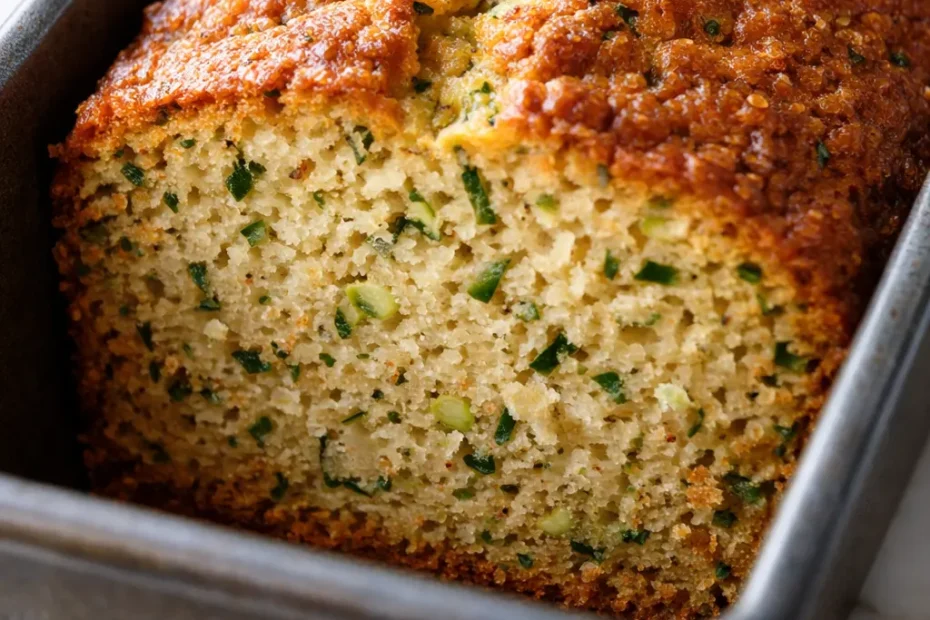 Moist zucchini bread loaf sliced on a cooling rack, golden brown crust with visible green zucchini flecks and a tender crumb.