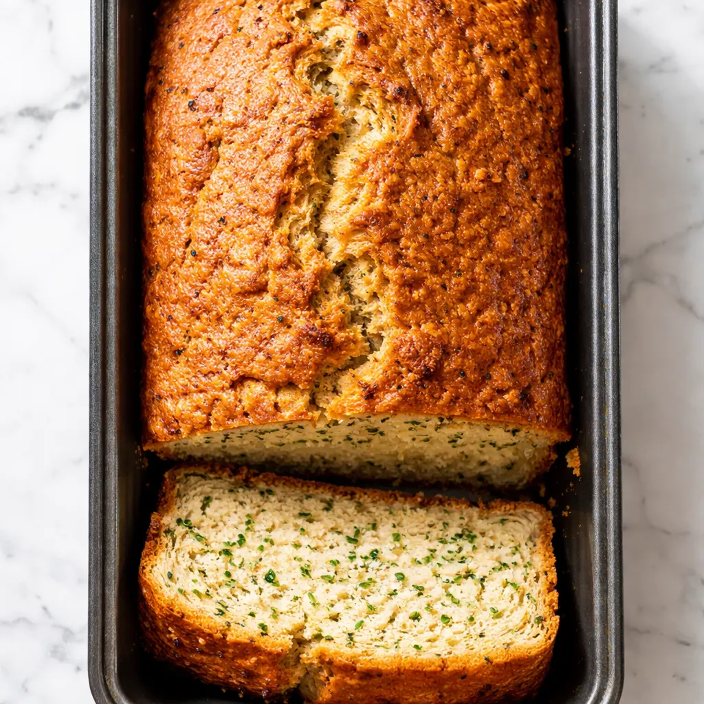 Grated zucchini being folded into a cinnamon batter for moist zucchini bread, glossy and speckled.
