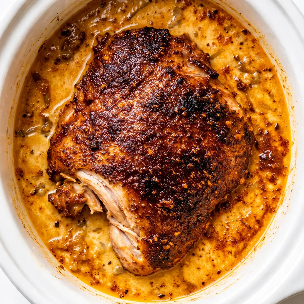 Chicken thighs simmering in a rich creamy Cajun butter sauce with red and orange hues, showing the slow cooker process for an easy hands-off meal.