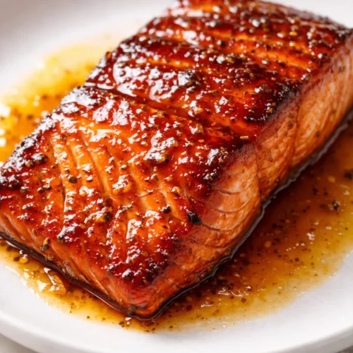 Glossy lacquered Cajun honey butter salmon fillet with a rich golden glaze and charred edges