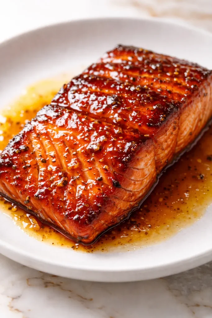 Glossy lacquered Cajun honey butter salmon fillet with a rich golden glaze and charred edges