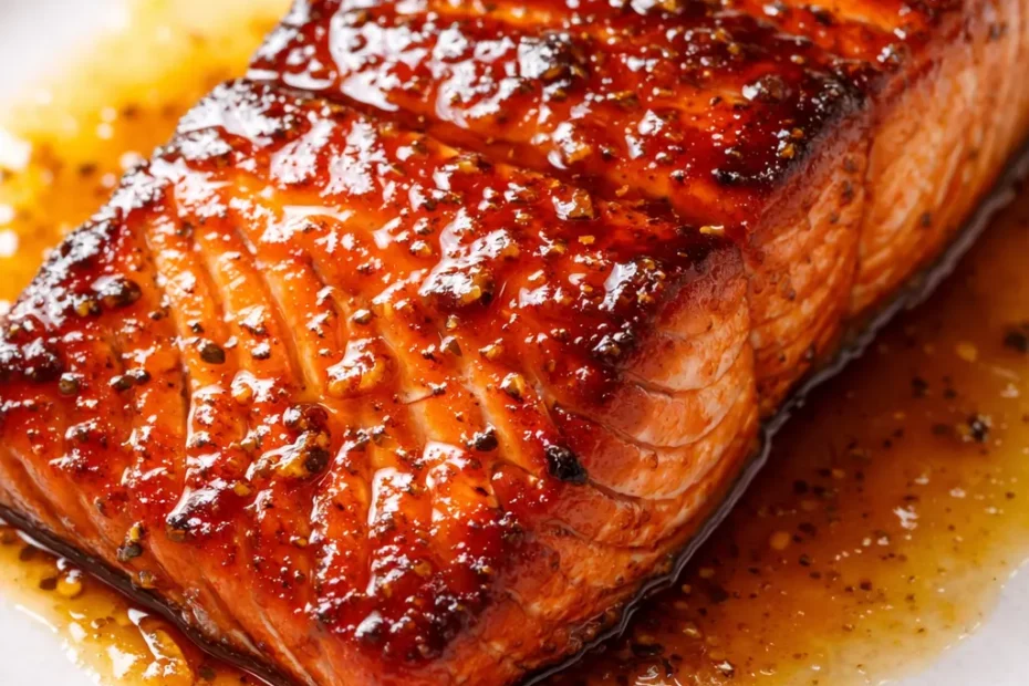 Glossy lacquered Cajun honey butter salmon fillet with a rich golden glaze and charred edges