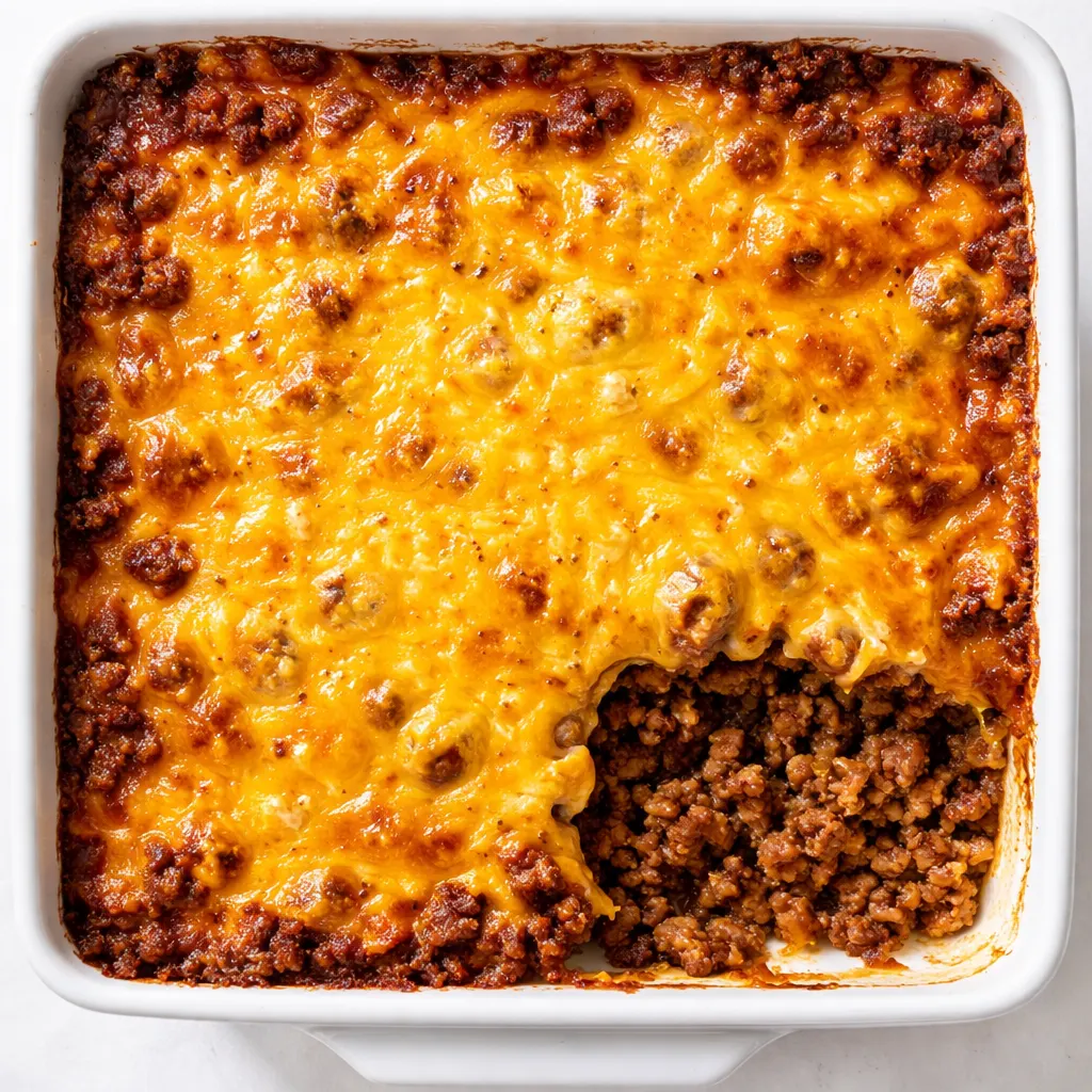 Ground beef sizzling in a skillet with diced onions and seasonings for a cheesy hamburger casserole bake, golden brown and aromatic.