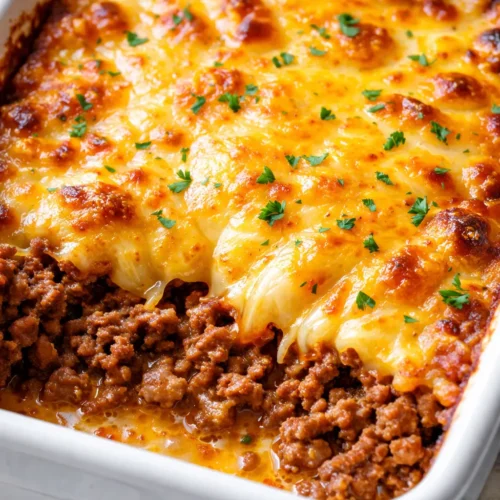 Golden brown cheesy hamburger casserole bake with melted cheese, ground beef, and pasta in a baking dish.