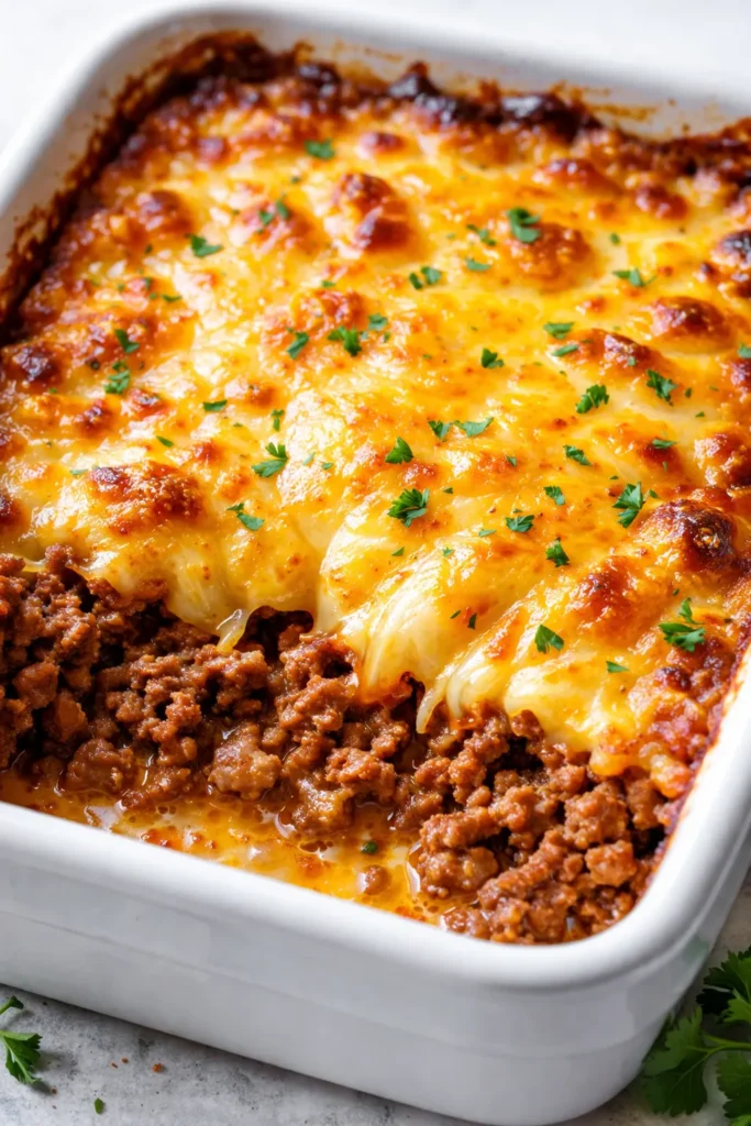 Golden brown cheesy hamburger casserole bake with melted cheese, ground beef, and pasta in a baking dish.