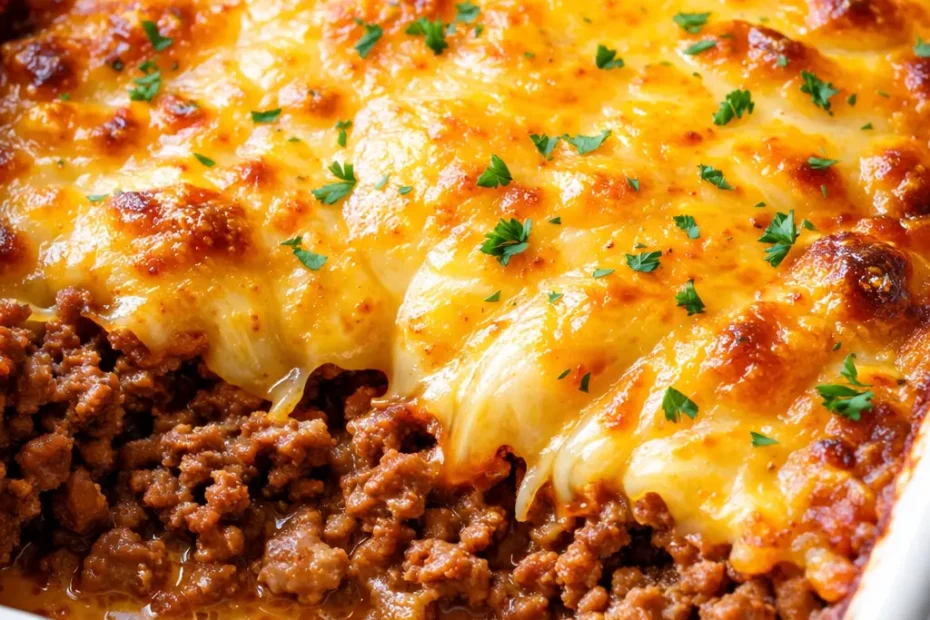 Golden brown cheesy hamburger casserole bake with melted cheese, ground beef, and pasta in a baking dish.