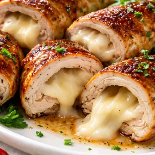Golden-brown cheesy stuffed chicken rolls with caramelized onions sliced open, revealing gooey melted cheese and sweet onions.