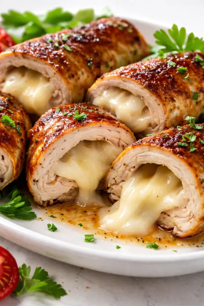 Golden-brown cheesy stuffed chicken rolls with caramelized onions sliced open, revealing gooey melted cheese and sweet onions.
