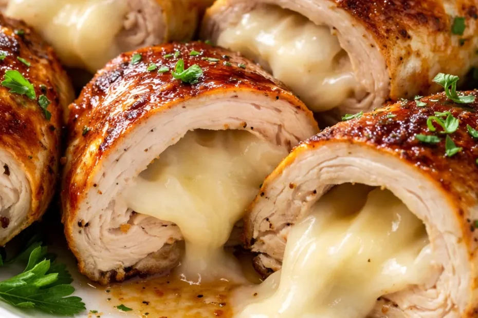 Golden-brown cheesy stuffed chicken rolls with caramelized onions sliced open, revealing gooey melted cheese and sweet onions.