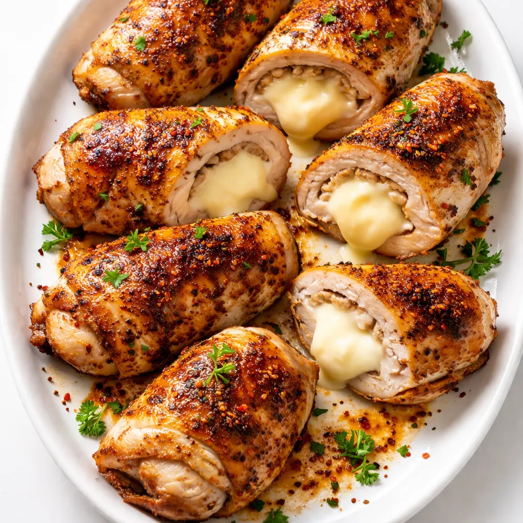 A process shot of a cheesy stuffed chicken roll being sliced, showing a golden crust, melted cheese, and caramelized onions inside.
