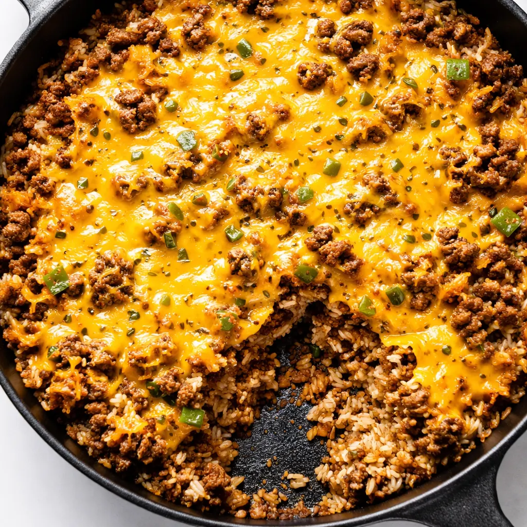 Melting cheddar cheese over seasoned ground beef and rice in a cast iron skillet, garnished with green onions and cilantro.