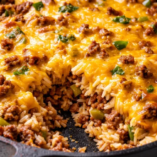 Golden taco rice skillet with melted cheddar, seasoned ground beef, and fluffy rice, garnished with fresh cilantro.