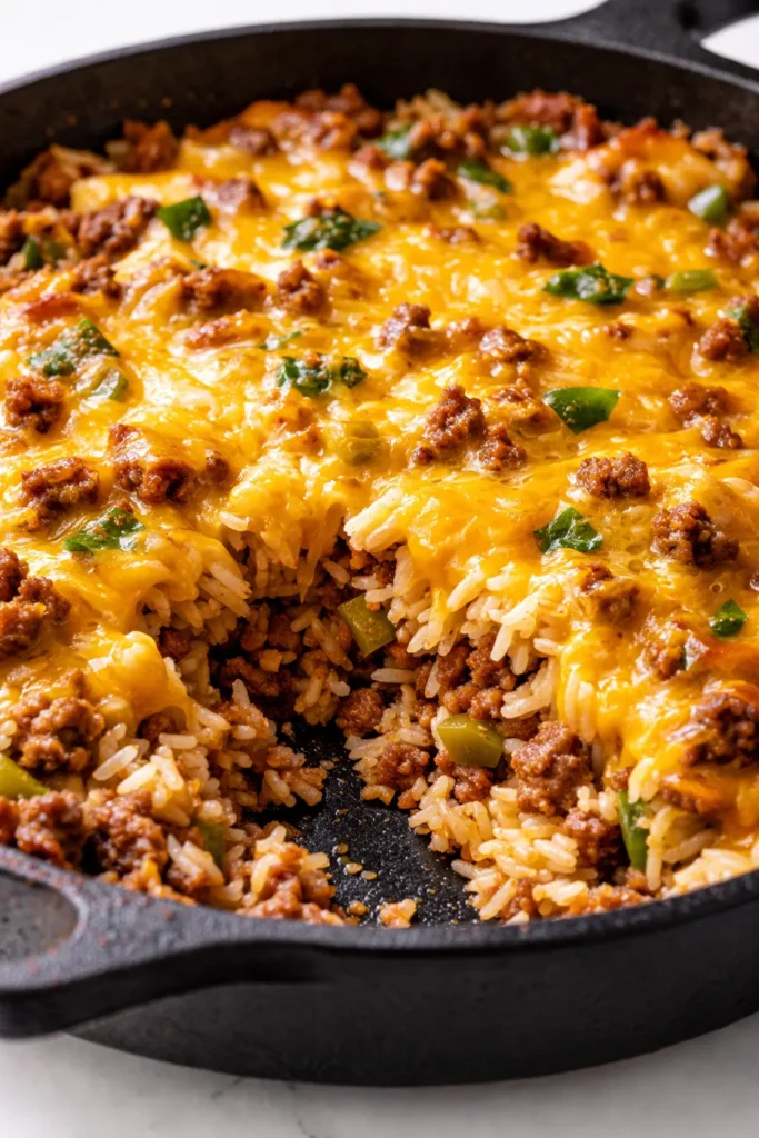 Golden taco rice skillet with melted cheddar, seasoned ground beef, and fluffy rice, garnished with fresh cilantro.
