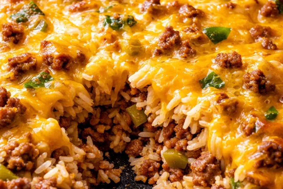 Golden taco rice skillet with melted cheddar, seasoned ground beef, and fluffy rice, garnished with fresh cilantro.