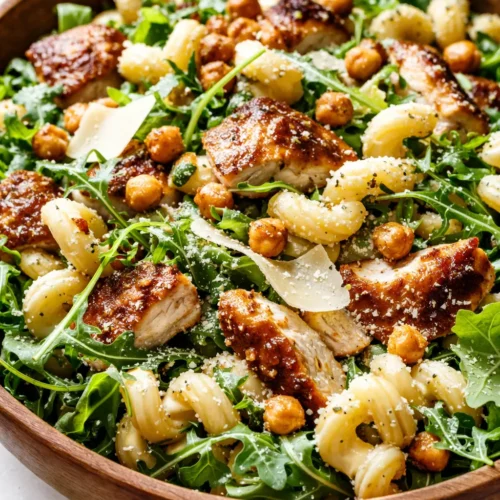 Creamy chicken Caesar pasta salad with crisp romaine, tender chicken, crunchy croutons, and shaved Parmesan cheese.