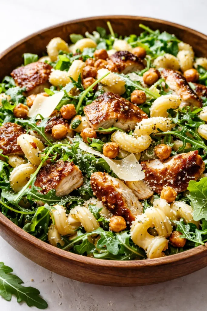 Creamy chicken Caesar pasta salad with crisp romaine, tender chicken, crunchy croutons, and shaved Parmesan cheese.