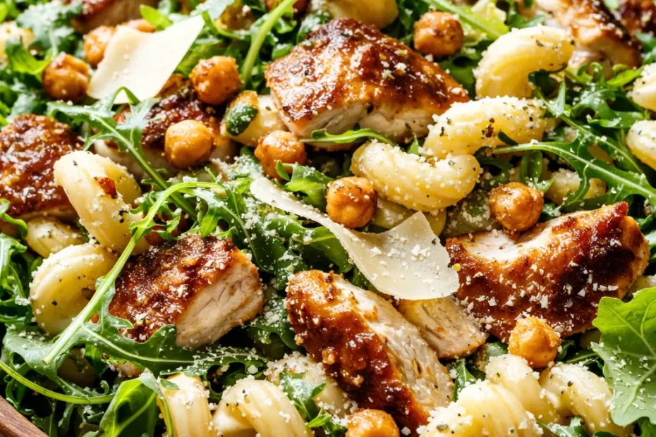 Creamy chicken Caesar pasta salad with crisp romaine, tender chicken, crunchy croutons, and shaved Parmesan cheese.