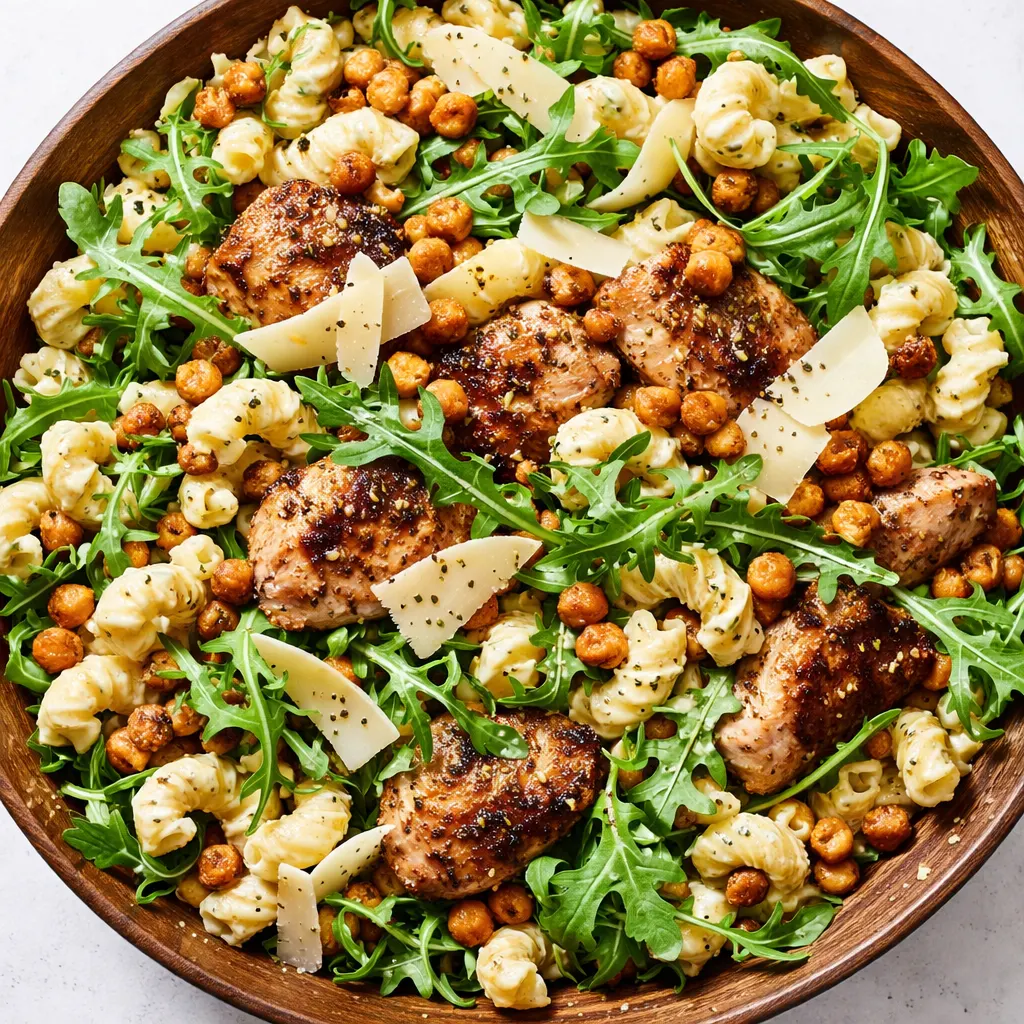 Chicken Caesar pasta salad with crunchy romaine lettuce, al dente penne, grilled chicken, and parmesan