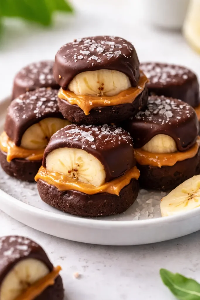 Chocolate peanut butter banana bites with dark chocolate coating and peanut butter drizzle, on a white plate, creamy golden