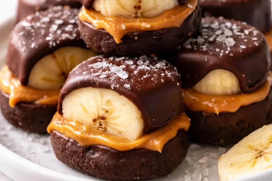 Chocolate peanut butter banana bites with dark chocolate coating and peanut butter drizzle, on a white plate, creamy golden