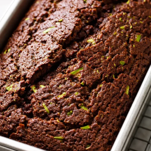 Rich moist chocolate zucchini bread loaf sliced on a plate with a dark crumb and visible chocolate chips