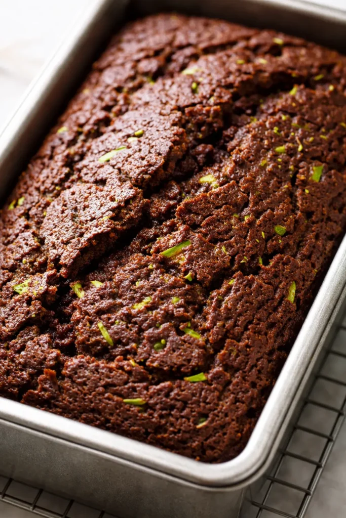 Rich moist chocolate zucchini bread loaf sliced on a plate with a dark crumb and visible chocolate chips