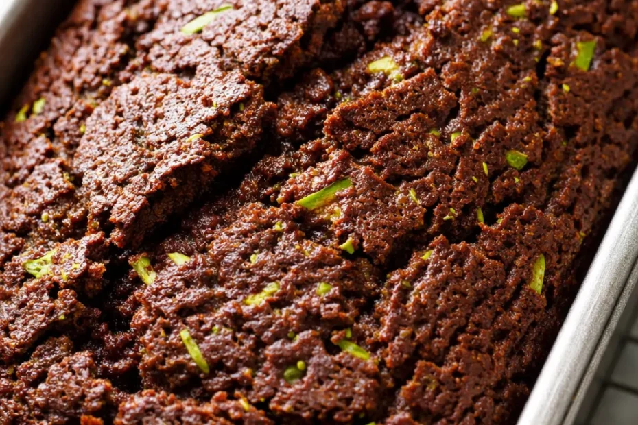 Rich moist chocolate zucchini bread loaf sliced on a plate with a dark crumb and visible chocolate chips