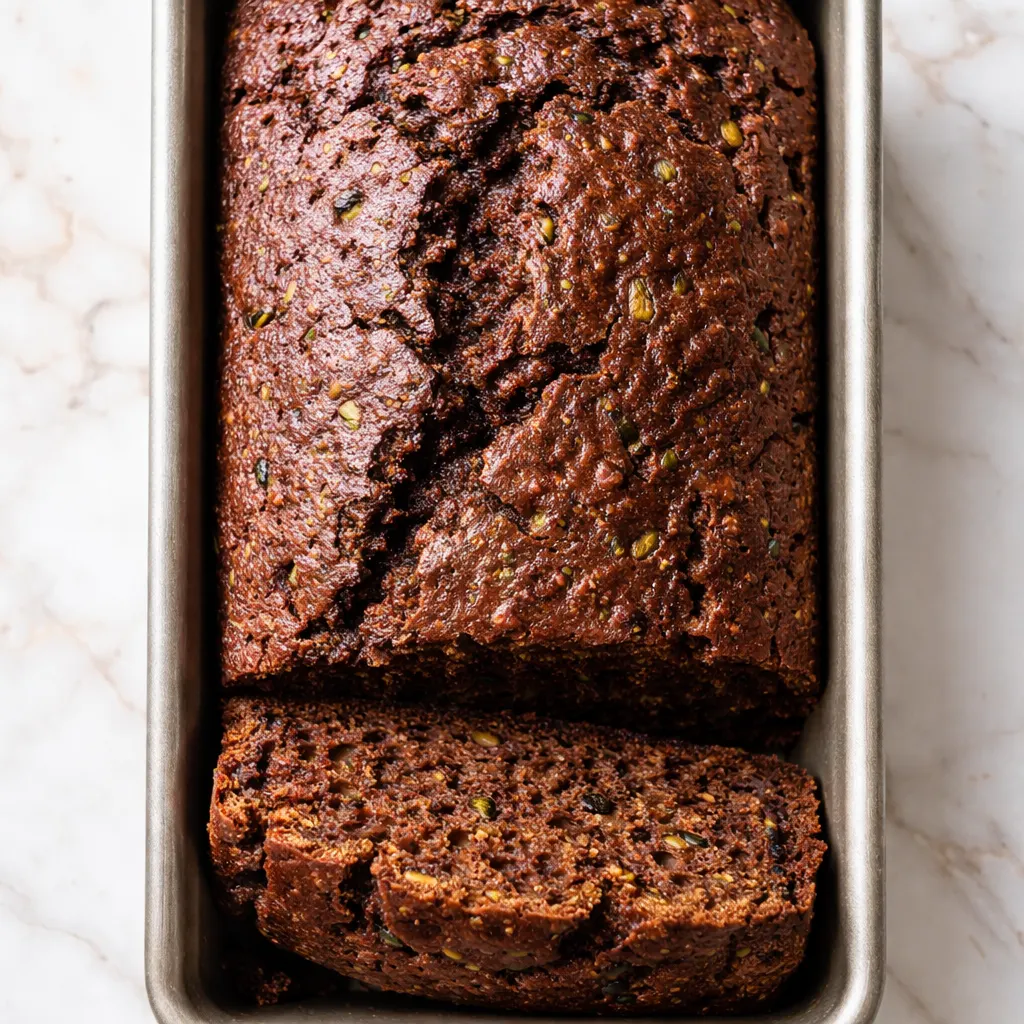 Grated green zucchini folded into glossy dark chocolate batter for rich moist chocolate zucchini bread.