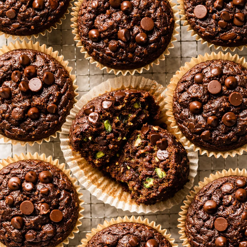 Grating fresh zucchini into a bowl for healthy chocolate zucchini protein muffin batter, showing vibrant green shreds and rich cocoa mixture.
