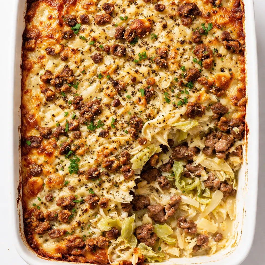 Rich creamed cabbage and ground beef casserole with tender cabbage, creamy sauce, and browned beef, golden top.