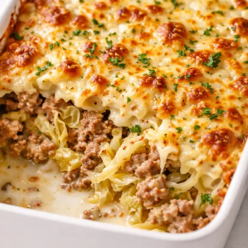 Rich, tender creamed cabbage and ground beef casserole with melted cheese, creamy filling, and golden brown edges