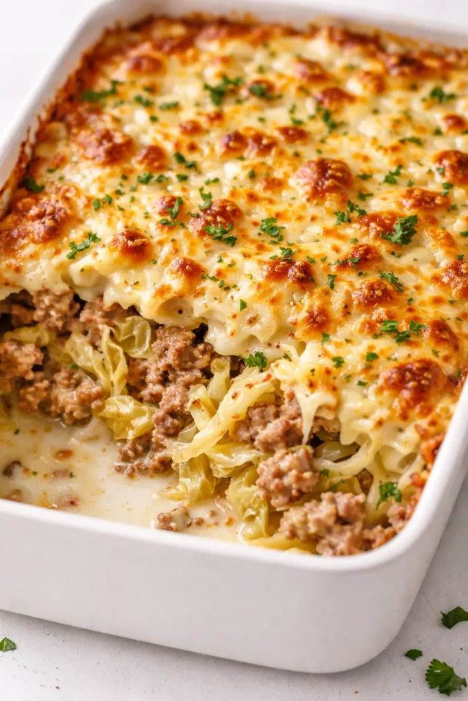 Rich, tender creamed cabbage and ground beef casserole with melted cheese, creamy filling, and golden brown edges