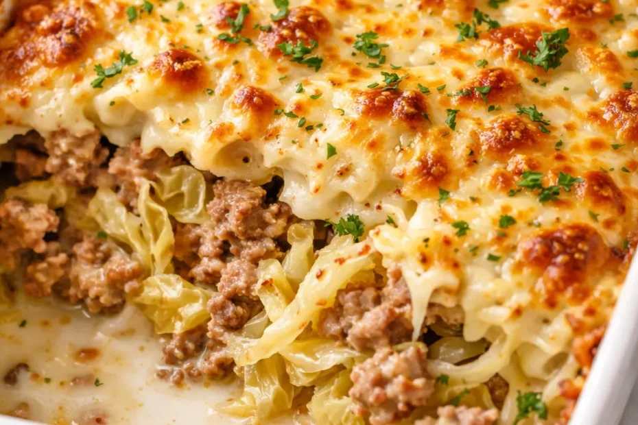 Rich, tender creamed cabbage and ground beef casserole with melted cheese, creamy filling, and golden brown edges