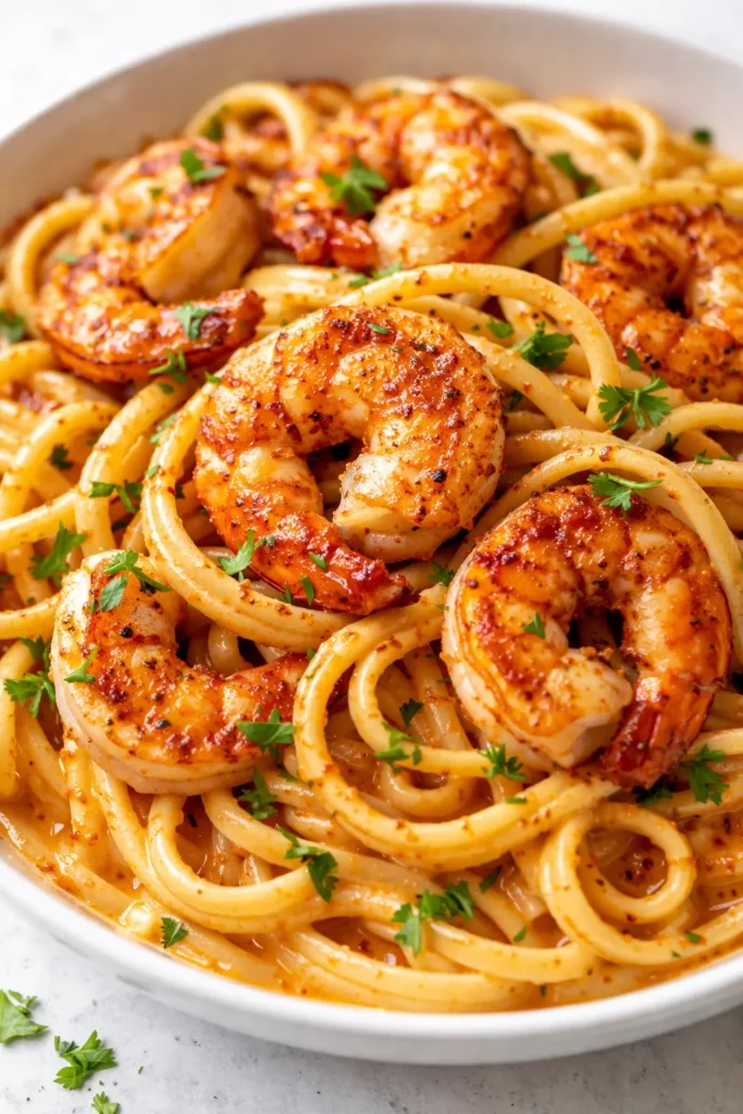Creamy Cajun shrimp pasta with plump pink shrimp and tender penne in a rich, spicy cream sauce, topped with fresh parsley.