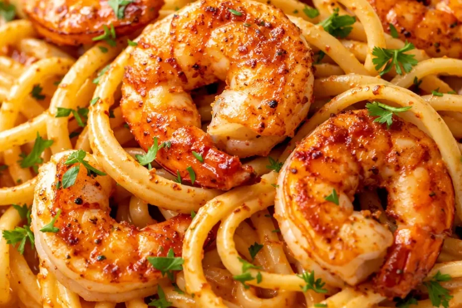 Creamy Cajun shrimp pasta with plump pink shrimp and tender penne in a rich, spicy cream sauce, topped with fresh parsley.
