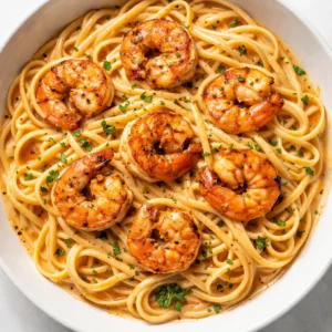 Rich creamy Cajun shrimp pasta sauce coating penne and plump shrimp in a hot skillet, vibrant orange and red hues.