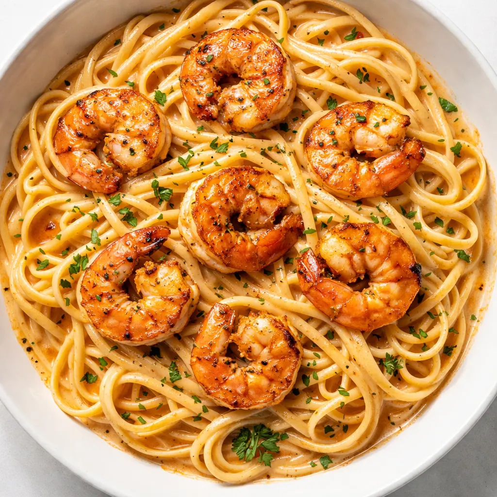 Rich creamy Cajun shrimp pasta sauce coating penne and plump shrimp in a hot skillet, vibrant orange and red hues.