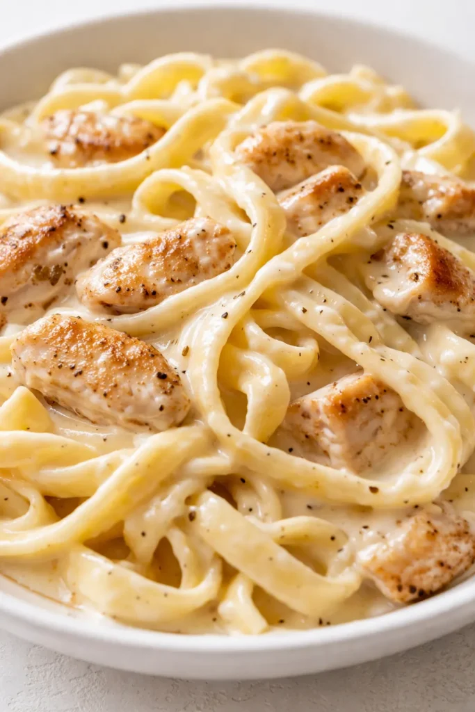 Creamy chicken alfredo with tender chicken strips and fettuccine in a rich parmesan sauce, garnished with fresh parsley.